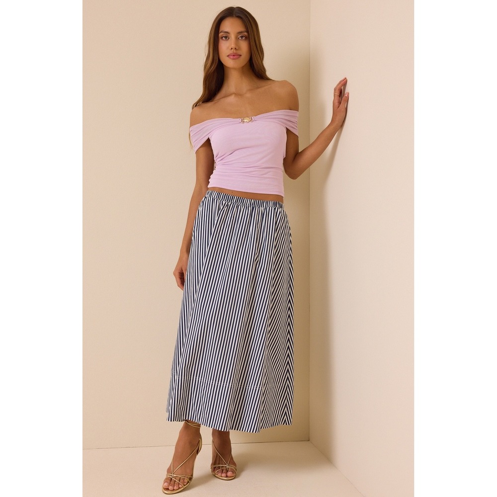 Altar'd State Navy Blue and White Striped Elastic Waist Midi‎ Skirt Size Large